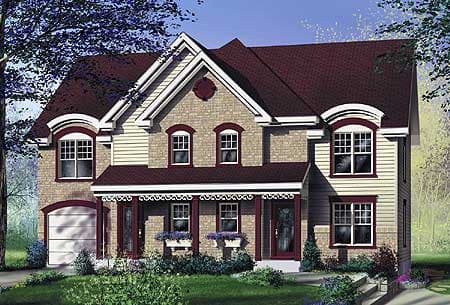 House plan exterior of a two-story home with a front-facing garage, arched dormers, and a covered front porch with decorative railings.