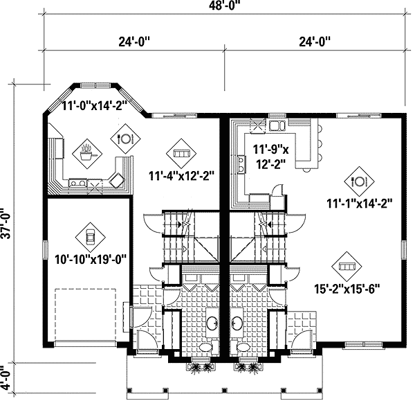 Plan 80577PM: Duplex House Plan with Asymmetrical 3 Bed Units - 1323 Sq Ft and 1549 Sq Ft - Floor Plan - Main Level - Traditional