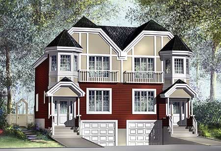 House plan exterior: Two-story duplex with symmetrical front, bay windows, balconies, and two-car garages.