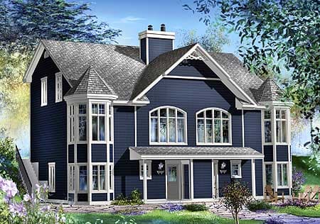 House plan exterior: Two-story dark blue home with multiple gables, bay windows, and a covered front porch.