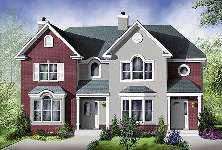 House plan exterior: Two-story duplex with gabled dormers, bay windows, and contrasting brick and stucco finishes.