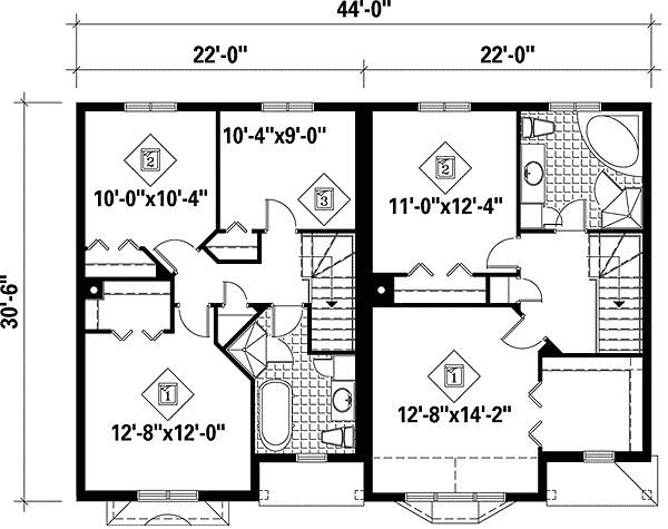 Plan 80580PM: Duplex House Plan with Side-By-Side 2 Floor Units - 3 Beds 1.5 Baths - 1306 Sq Ft - Floor Plan - 2nd Floor - Traditional