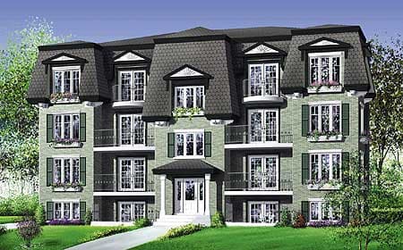 Multistory house plan exterior with mansard roof, balconies, symmetrical window placement, and shutters.