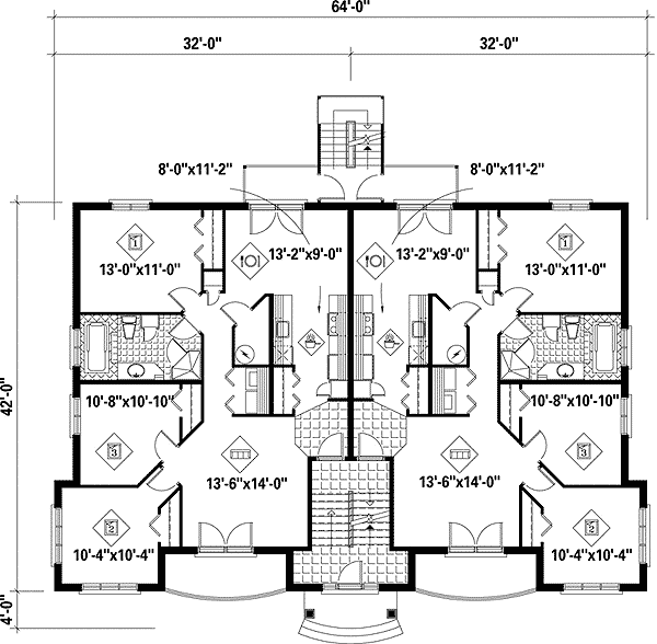 Plan 80583PM: 8 Unit House Plan with 2 Bed 1 Bath and 3 Bed 1 Bath Units - 1232 Sq Ft Each - Floor Plan - Main Level - European