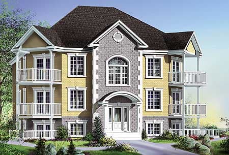 House plan exterior: Three-story home with multiple balconies, arched central window, and a peaked gable over the entrance.