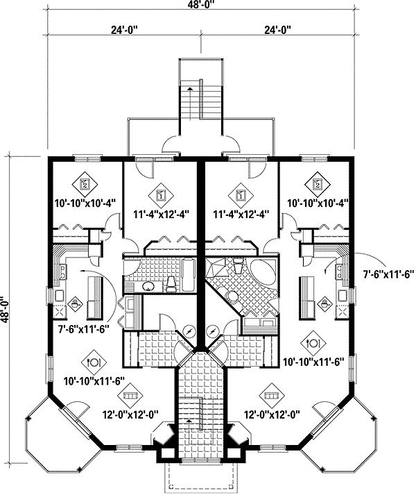 Plan 80584PM: 6-Unit House Plan with 2 Units Per Floor - 2 Beds 1 Bath - 1082 Sq Ft - Floor Plan - 2nd Floor