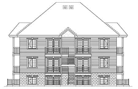 House plan exterior elevation of a three-story building with a pitched roof, multiple balconies, double doors, and stone-clad lower level.