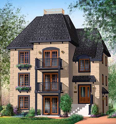 House plan exterior: Three-story brick building with mansard roof, multiple balconies, and dormer windows.