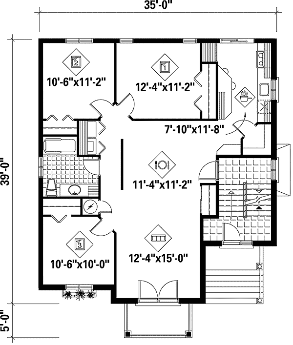 Plan 80585PM: Triplex House Plan with Full Floor Units - 3 Beds - 1 Bath - 1255 Square Feet - Floor Plan - Main Level - European