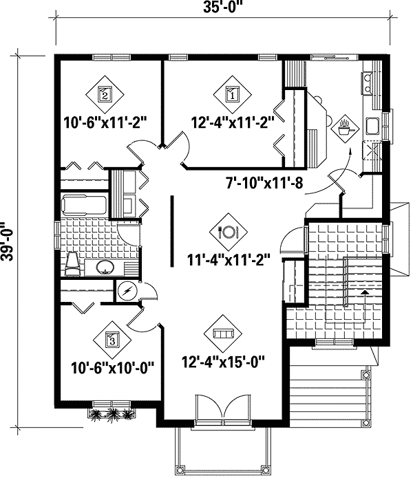 Plan 80585PM: Triplex House Plan with Full Floor Units - 3 Beds - 1 Bath - 1255 Square Feet - Floor Plan - 2nd Floor - European