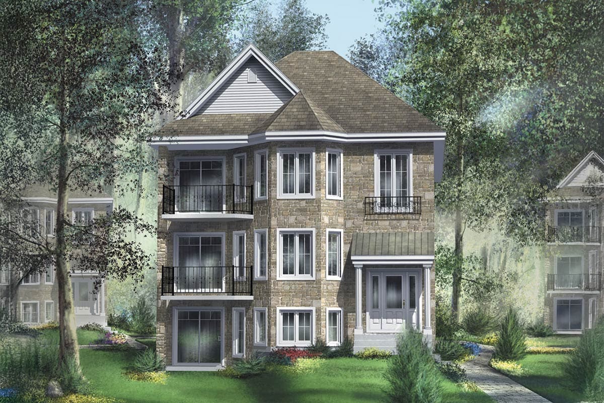 House plan exterior with stone facade, three stories, balconies, and a gabled roof. Features include a front porch and bay windows.