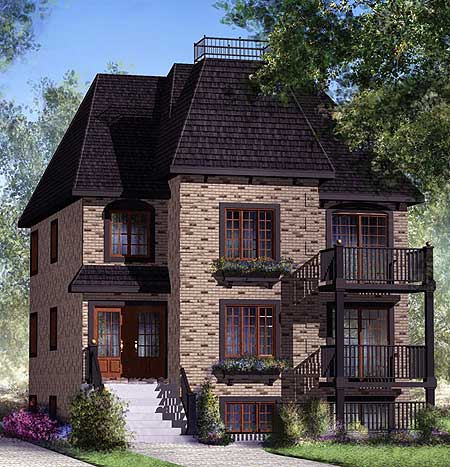 House plan exterior: Three-story brick home with a mansard roof, multiple balconies, and a prominent front entrance with stairs.