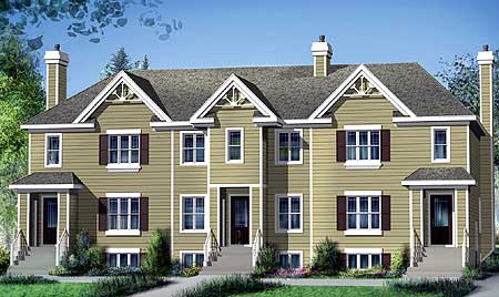 House plan exterior of a two-story duplex with gable dormers, chimneys, and symmetrical window placement.