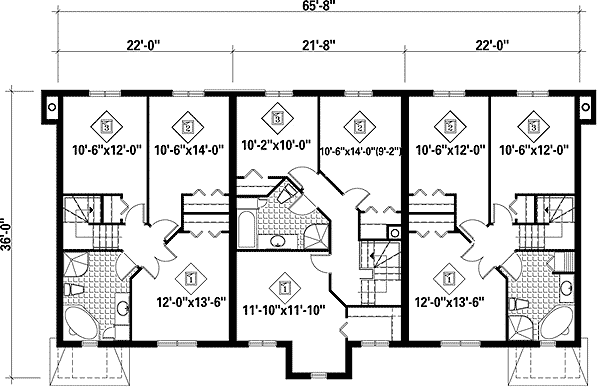 Plan 80590PM: 3 Family House Plan with 3-Level Units - 2111 Sq Ft - 2 with 5 Beds and 1 with 4 Beds - Floor Plan - 2nd Floor - Traditional