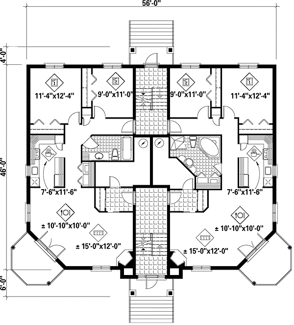 Plan 80591PM: 6 Unit House Plan with 2 Bed 1 Bath Units On Each Floor - 1266 Sq Ft Each Unit - Floor Plan - Main Level - Traditional