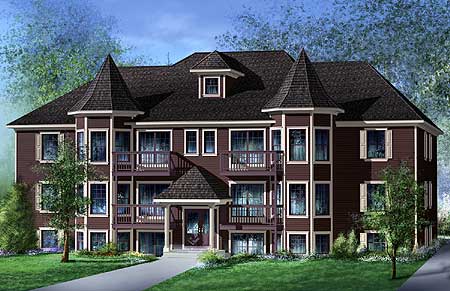 House plan exterior: Four-story building with dark brown siding, multiple balconies, turrets, and dormers.