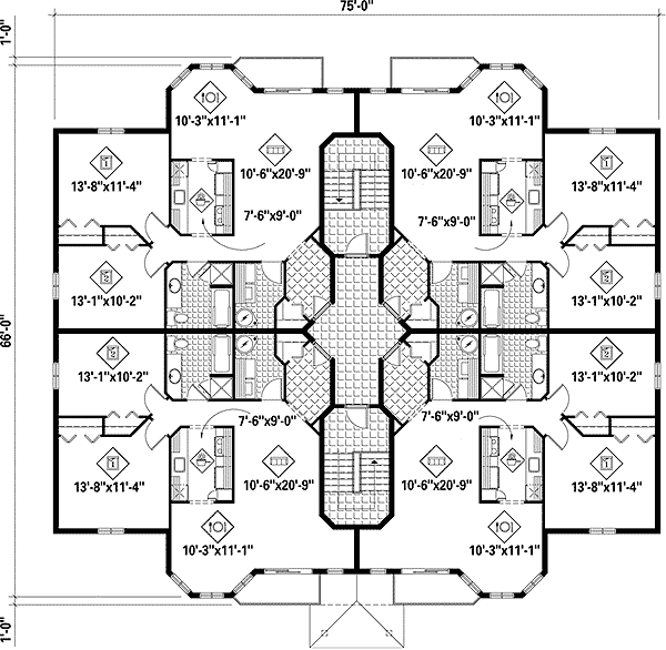 Plan 80593PM: 12 Unit Multiplex House Plan - All 2 Bed 1 Bath Units Under 1100 Square Feet - Floor Plan - 2nd Floor - Traditional