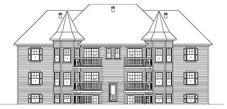 House plan exterior drawing of a multi-story building with symmetrical gables, corner turrets, and multiple balconies.