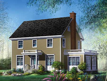 Two-story house plan exterior with gabled roof, prominent brick chimney, covered entry porch, and sunroom addition.