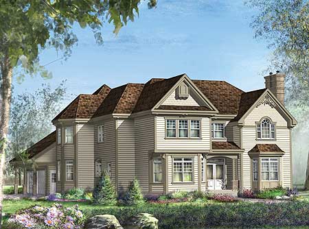 House plan exterior, two stories, beige siding, prominent gables, bay window, and attached porch.