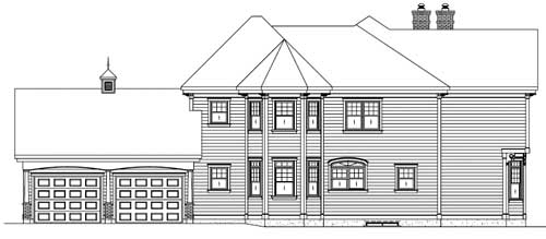 House plan exterior elevation drawing of a two-story home with a three-car garage, multiple gables, and decorative columns.