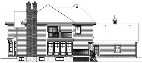 Side elevation house plan with large brick chimney, second-story balcony, and attached garage.
