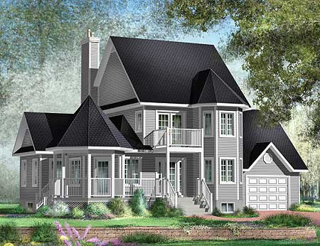 House plan exterior shows a two-story home with a side-entry garage, multiple gables, and a wraparound porch.