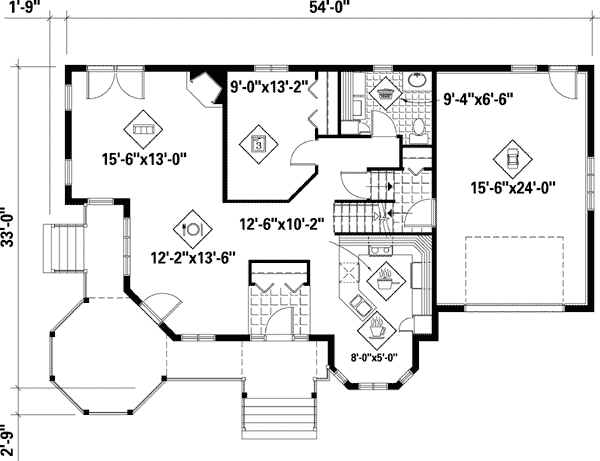 Plan 80621PM: 3-Bed Country House Plan with Corner Octagon Porch - Floor Plan - Main Level - Country