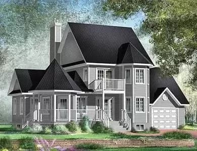 3-Bed Country House Plan with Corner Octagon Porch
