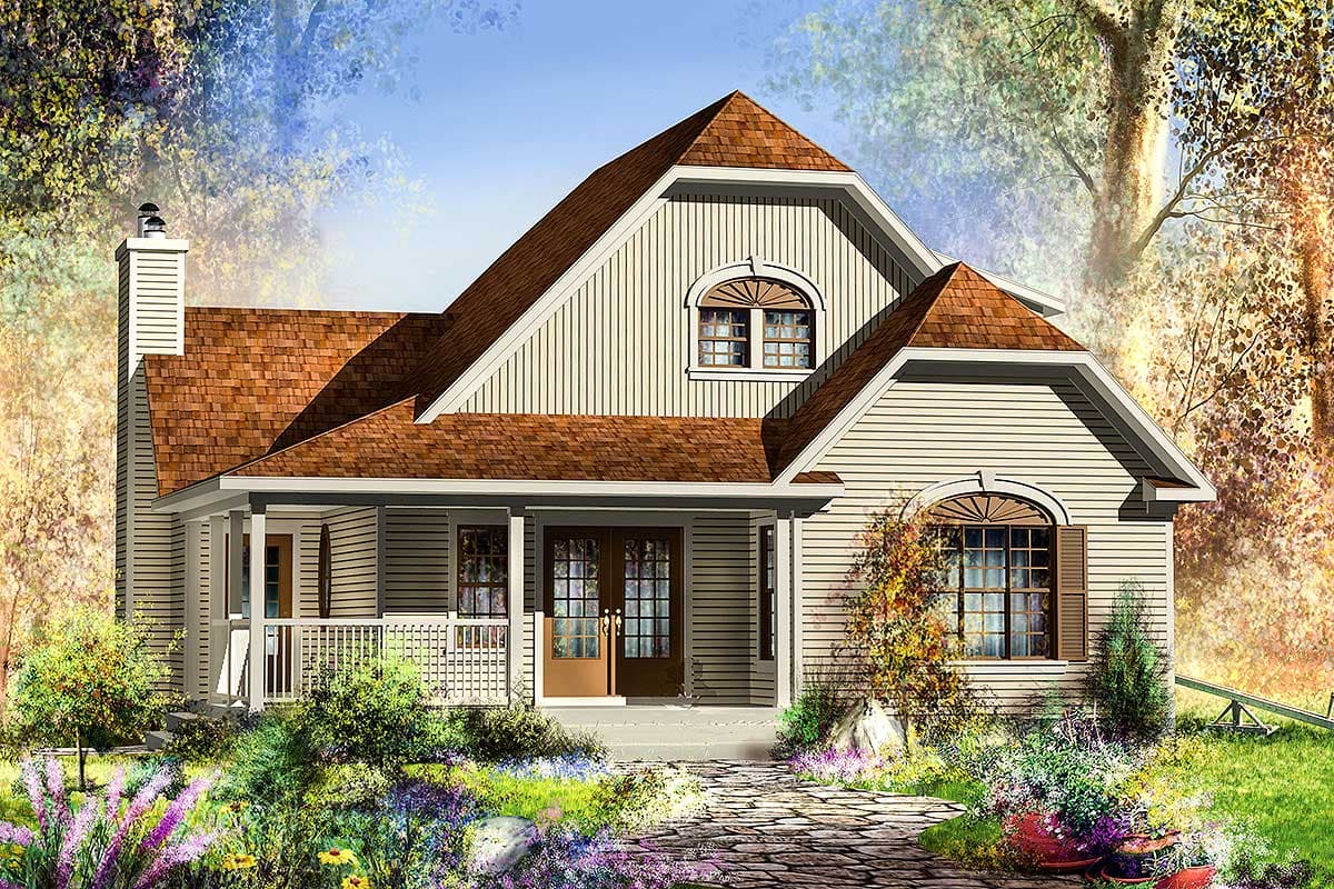 House plan exterior: A two-story house with a gable roof, front porch, dormer, and arched windows.