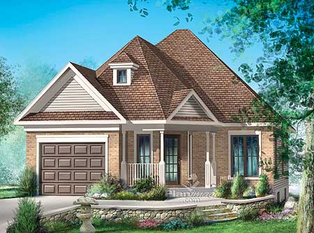 House plan exterior: One-story home with a gable roof, front-facing garage, dormer, and covered front porch.