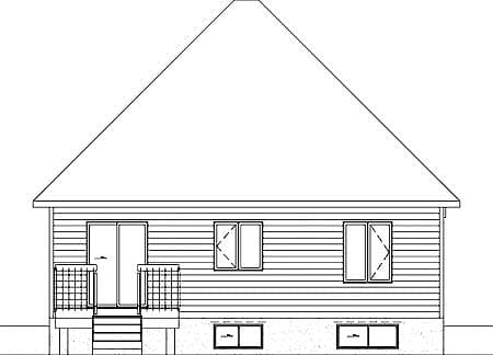 House plan elevation drawing: main level exterior with hip roof, double door with railing, two windows, and basement windows.