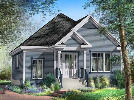 House plan exterior: One-story cottage with a covered front porch, twin gables, and double-hung windows.