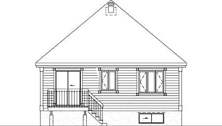 House plan elevation drawing showing a side view with a large gable roof, a deck, stairs, and multiple windows.