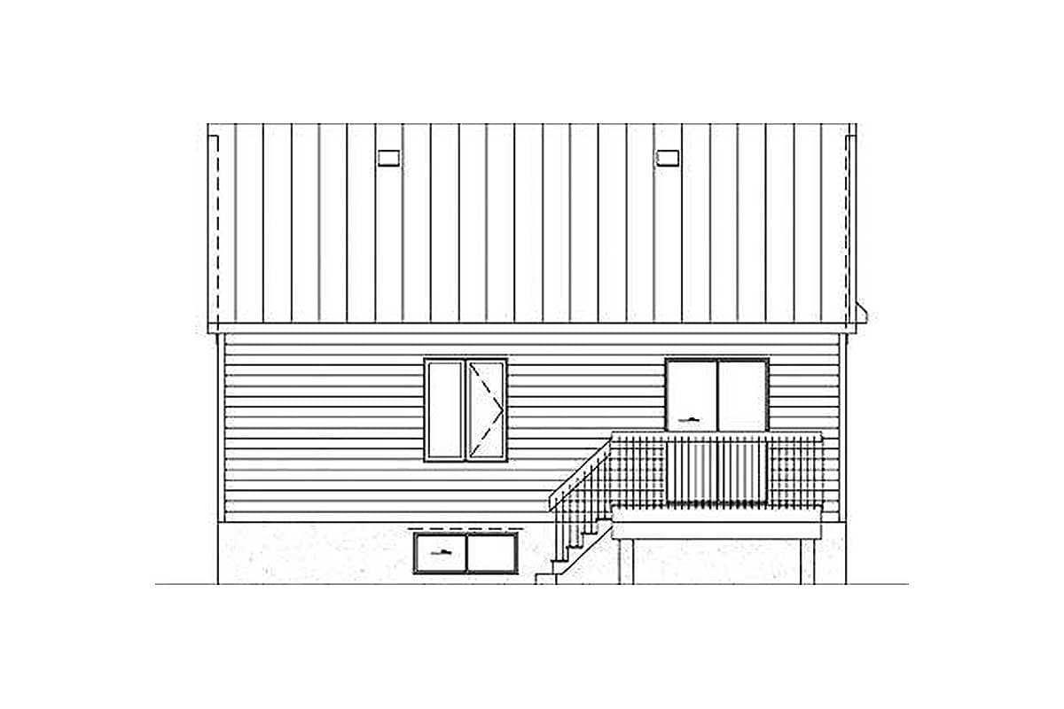 House plan elevation drawing showing a two-story structure with a metal roof, horizontal siding, a deck with stairs, and multiple windows.