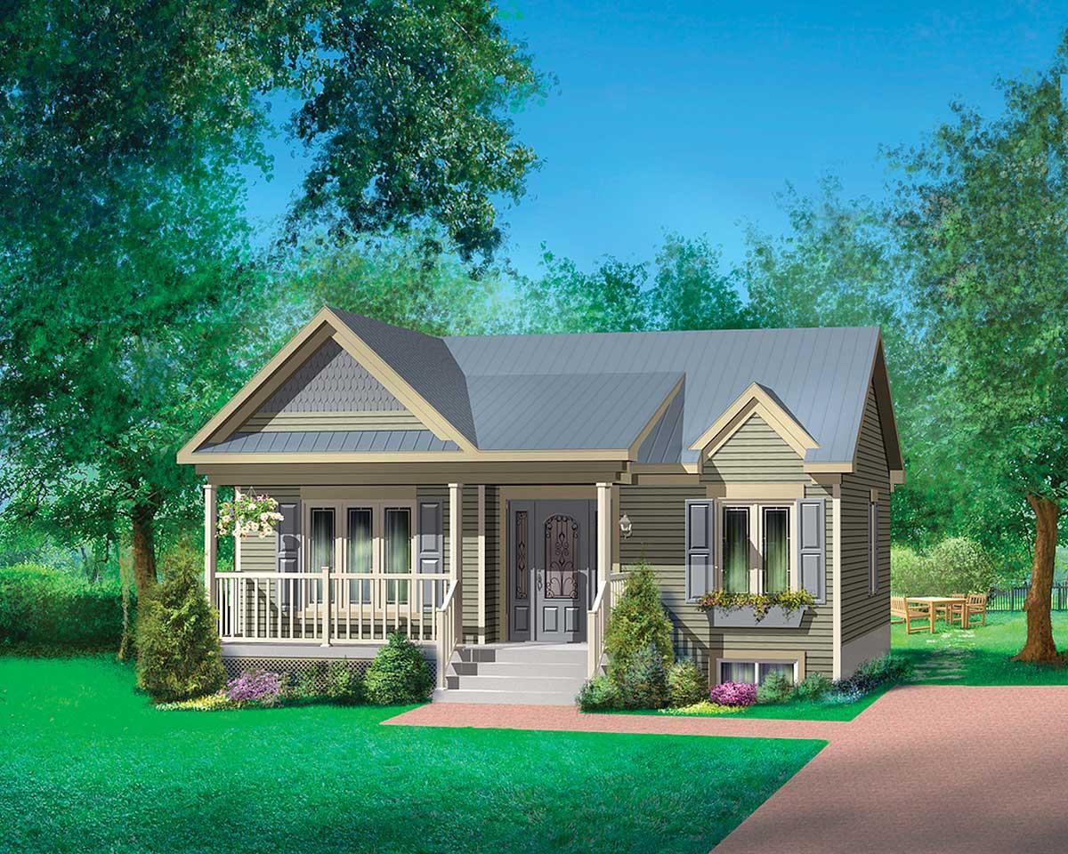 House plan exterior featuring a covered front porch with white railings, gabled dormers, and horizontal siding.