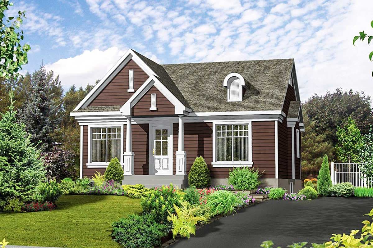 House plan exterior: One-story house with a covered front porch supported by columns, gable roof, and dormer window.