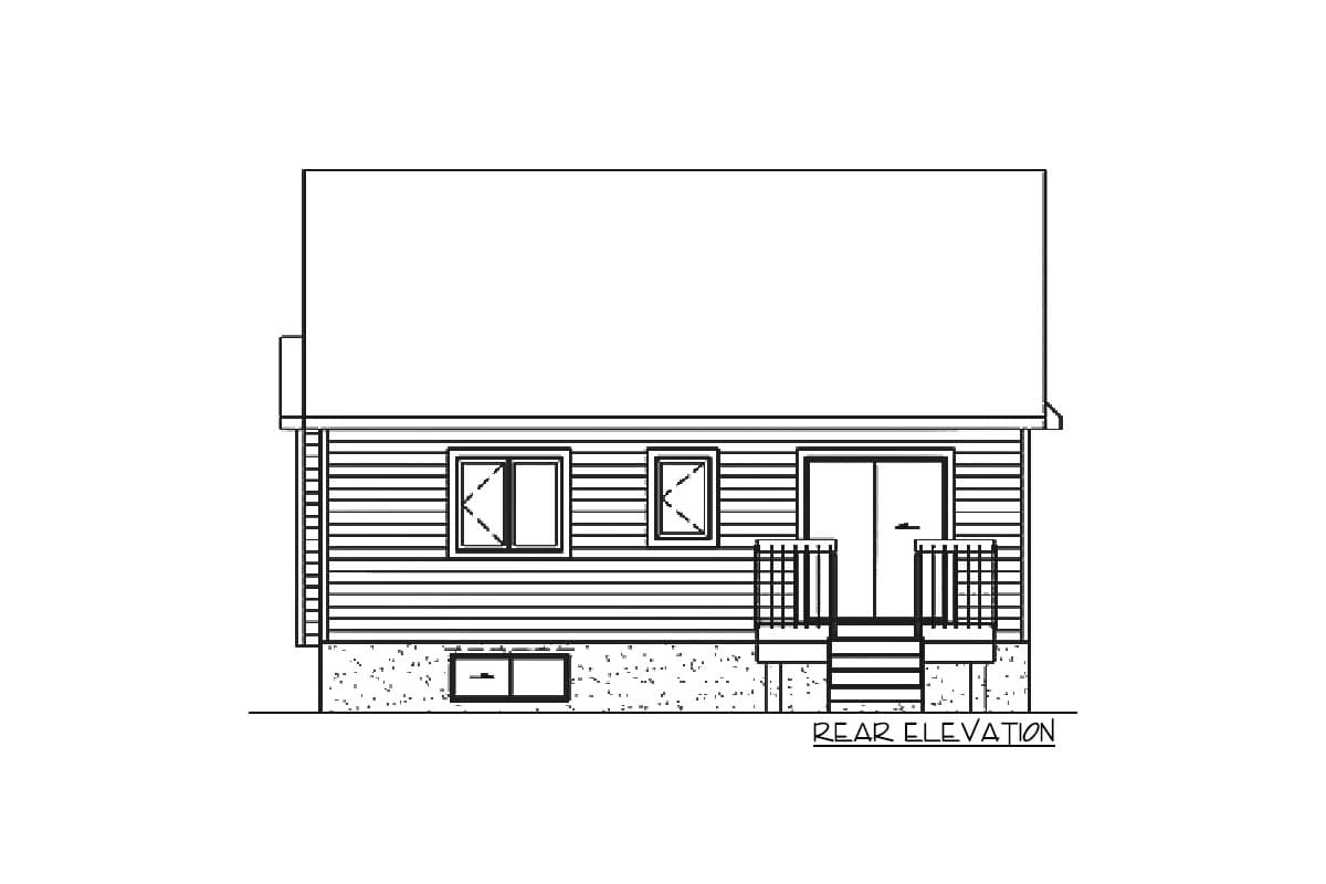 Rear elevation of a house plan featuring horizontal siding, two windows, double doors with a railing and steps, and a small basement window.
