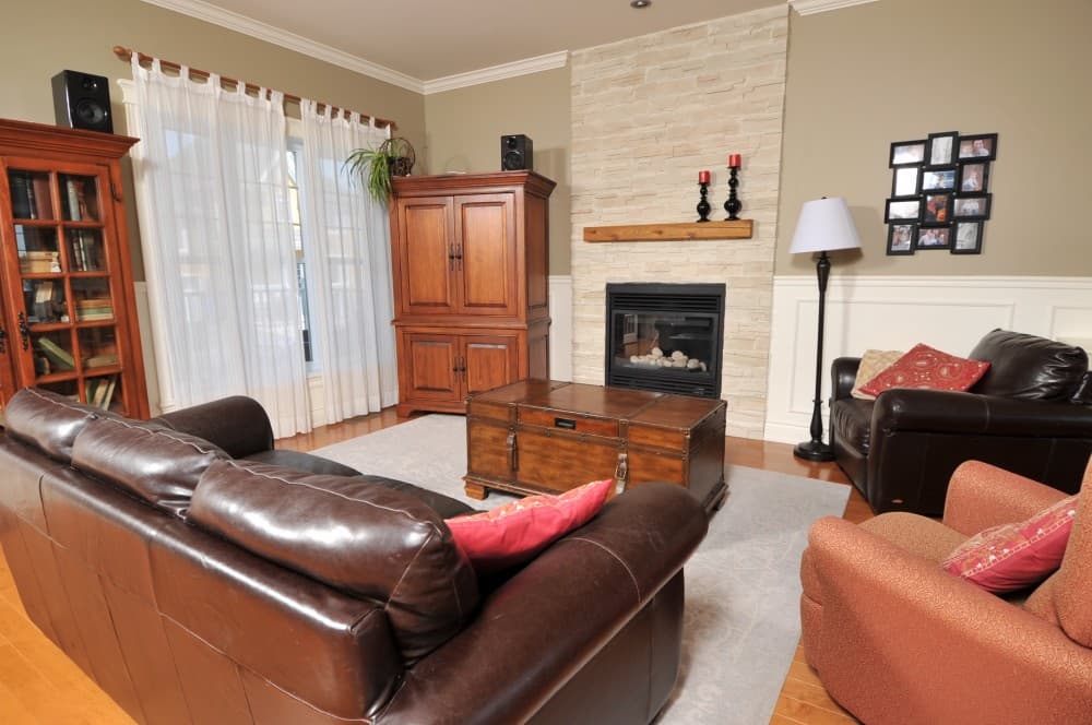 Living room with leather sofas, a fireplace with stone surround, wooden cabinetry, and a trunk coffee table.