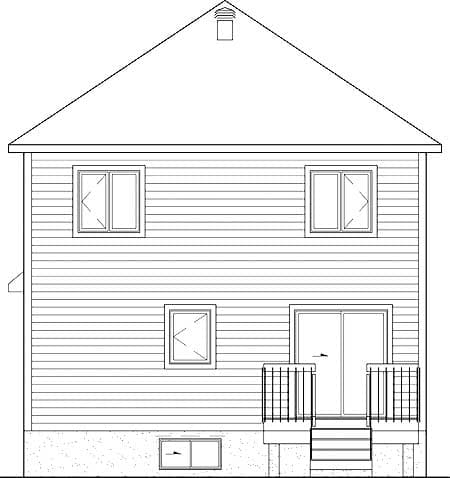 Rear elevation drawing of a two-story house plan with vinyl siding, double-hung windows, a peaked roof, and a deck with sliding glass doors.