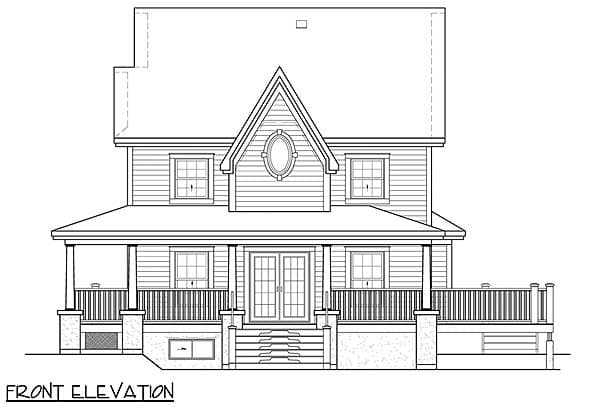 Front elevation drawing of a two-story house with a wide covered porch, gabled dormer with oval window, and double entry doors.