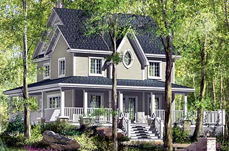 House plan exterior: Two-story home with wrap-around porch, gabled dormers, and an oval attic window.