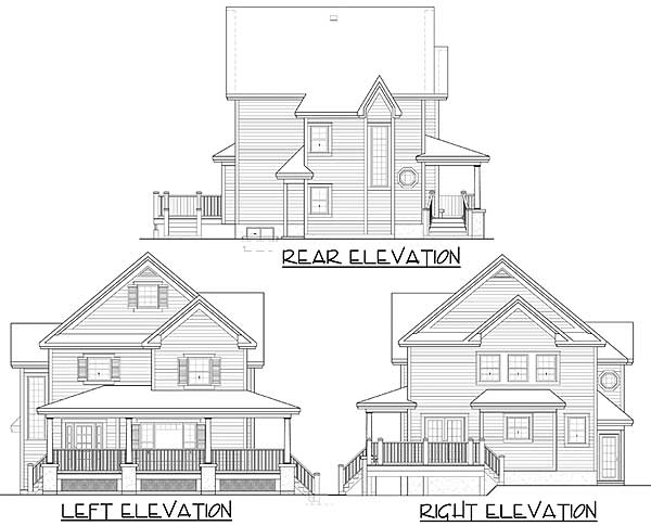 House plan elevations showing front, rear, and side views of a two-story house with a prominent front porch and multiple gables.