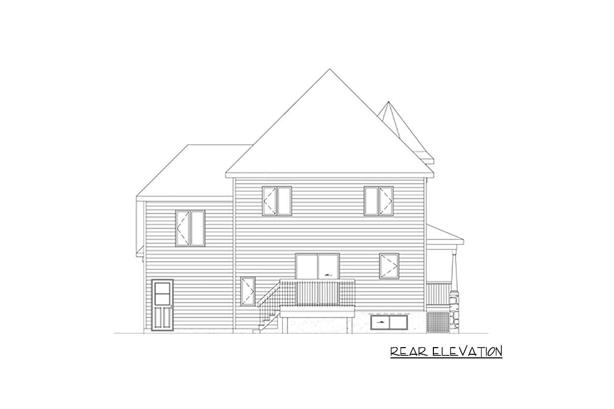 Rear elevation house plan drawing showing horizontal siding, multiple windows, a door, deck, and sloped rooflines.