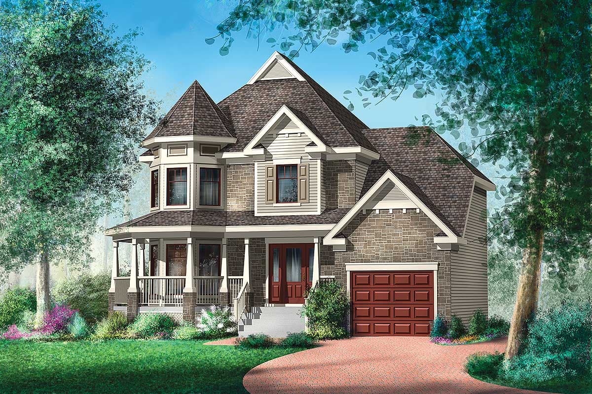 House plan exterior: two-story home with wrap-around porch, prominent gables, stone facade, and attached garage.
