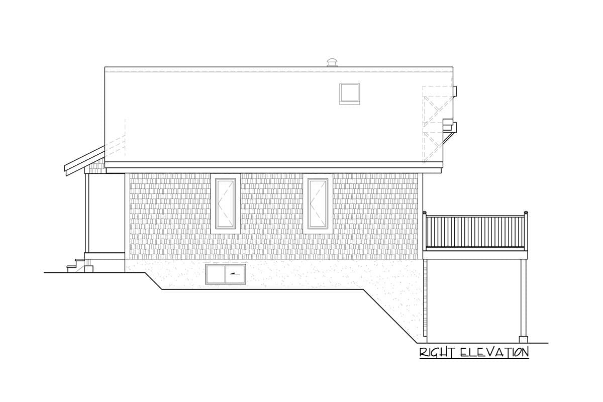 Right elevation house plan showing shingle siding, two upper windows, one lower window, a deck, and a covered porch.