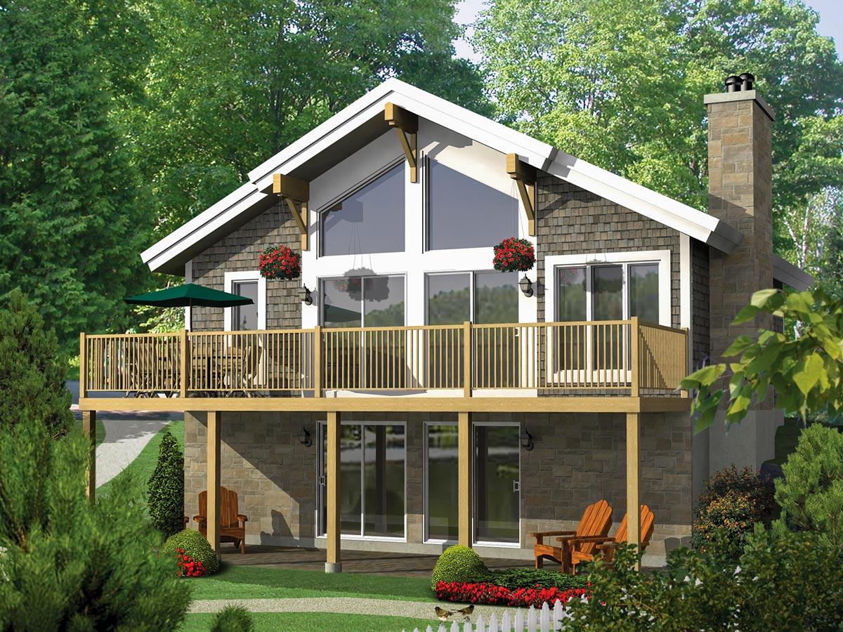 House plan exterior: Two-story home with a large deck, stone lower level, gabled roof with prominent trusses, and a stone chimney.