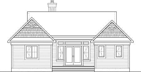 Front elevation drawing of a house plan featuring a central gable with decorative truss and shingle siding, flanking gables, and double doors.