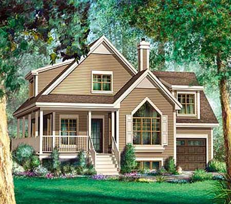 House plan exterior: Two-story Modern Farmhouse with wraparound porch, prominent gables, dormer, and attached garage.