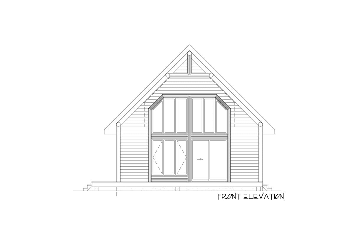 Front elevation drawing of a house plan featuring a prominent gable with extensive multi-pane windows and a covered porch.